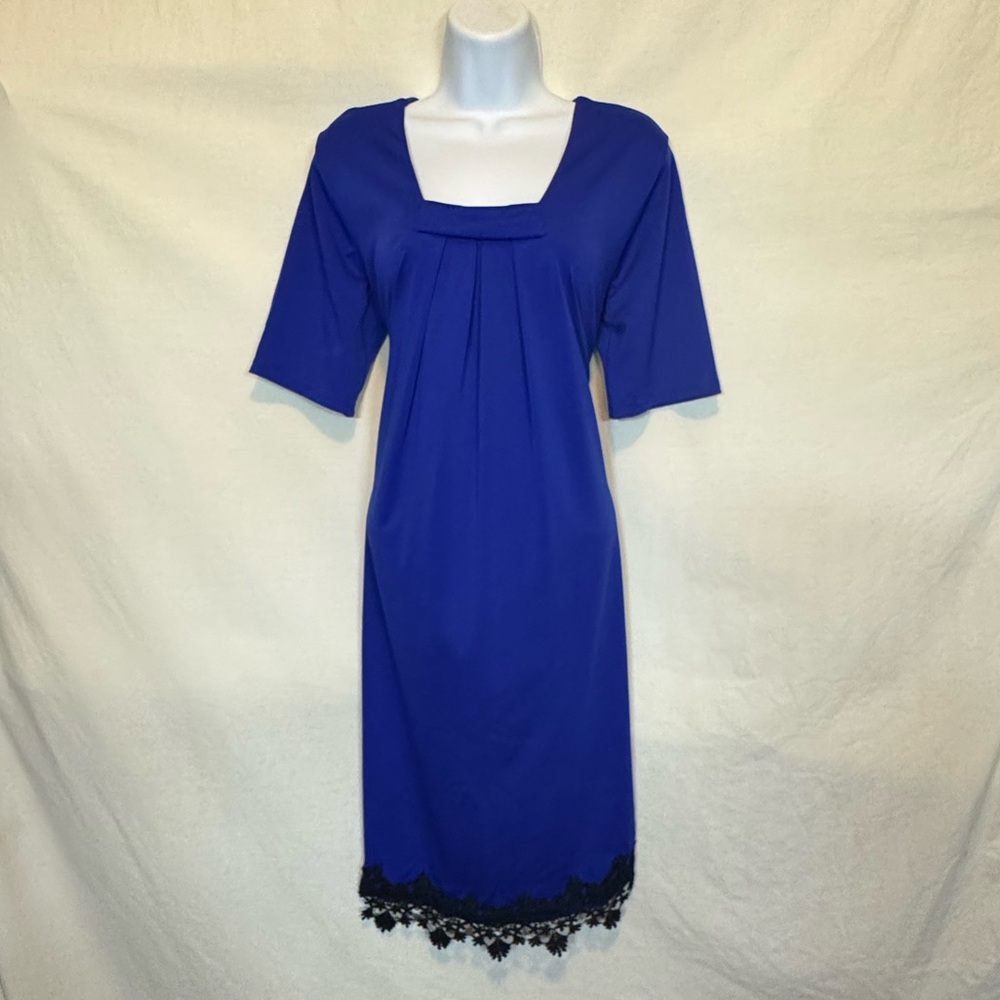 F-102 Unbranded Blue with Black Lace Short Sleeve High Low Dress Size L